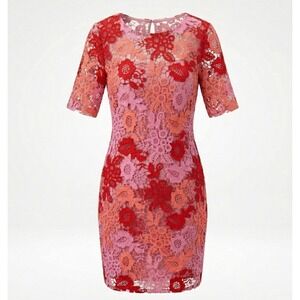 Kay Unger New York Floral Lace Sheath Dress Sz 4 Pink Red Short Sleeve Cocktail